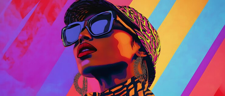 Photo stylish woman in sunglasses and hat against colorful background