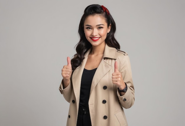 A stylish woman in a trench coat giving two thumbs up her red headband adding a pop of color