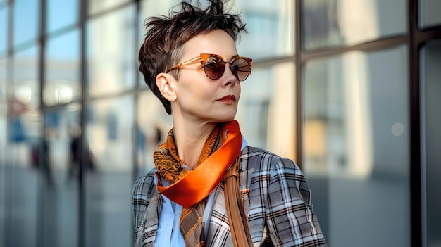 Stylish Woman in Urban Setting with Sunglasses and Scarf Casual Fashion Confidence City Life Portrayed with Modern Style Lifestyle Image AI