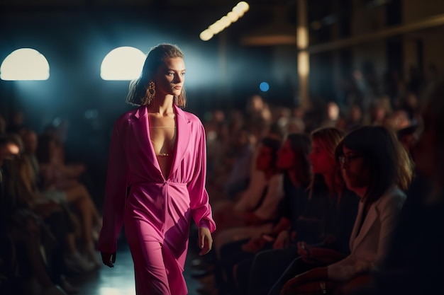 Stylish woman walk on podium in magenta color dress in fashion show generative ai