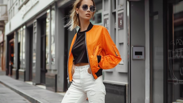 Photo stylish woman walking on city street in trendy outfit