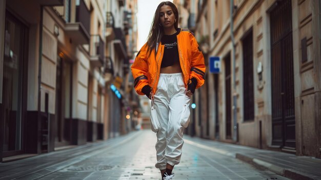 Photo stylish woman walking on city street in trendy outfit