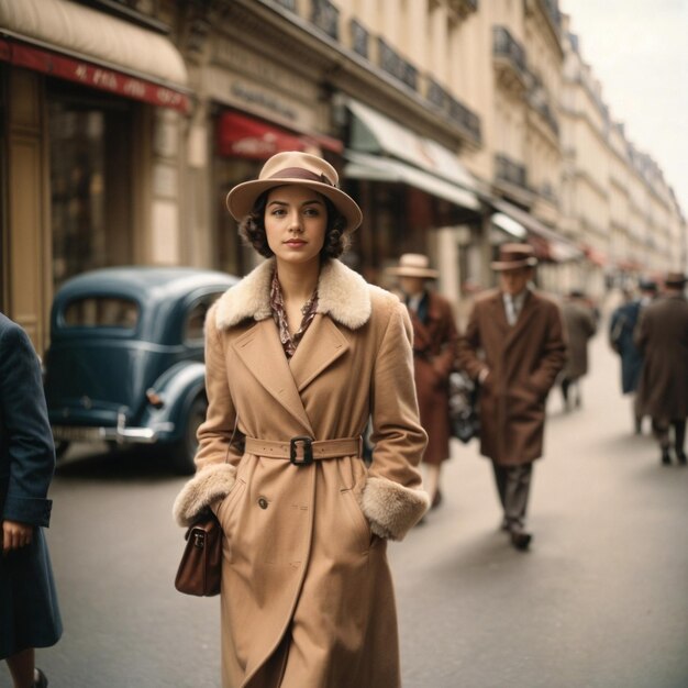 A stylish woman walking down a city street in a trench coat and hat