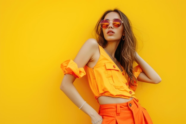 Stylish woman wearing orange outfit and accessories