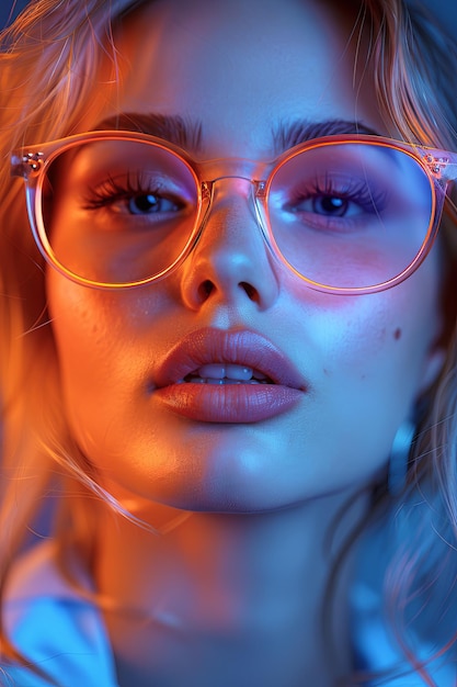 Stylish Woman Wearing Sunglasses in Vibrant Neon Light