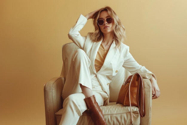 Stylish woman in white suit with accessories posing on beige background