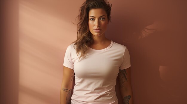A stylish woman in a white tshirt leaning against a brown wall look at camera