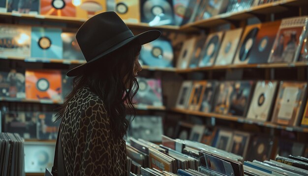 Photo stylish woman with black hat in retro vinyl record shop