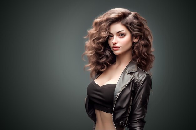 Photo stylish woman with curly hair wearing black leather jacket on grey background