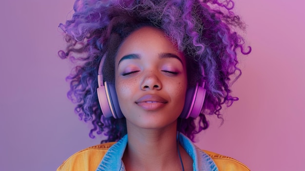stylish woman with dyed curly hair and headphones enjoying music