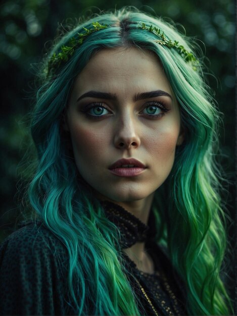 Photo stylish woman with green hair