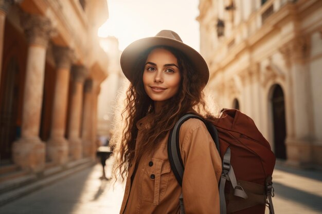 Foto donna elegante con un cappello che vaga in un quartiere storico soleggiato