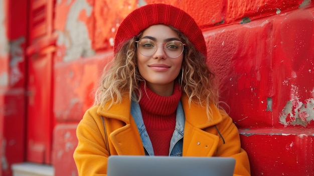 Stylish Woman with Laptop on a Colorful Urban Background