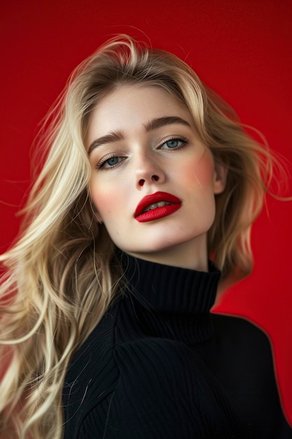 Stylish Woman With Long Blonde Hair and Red Lipstick