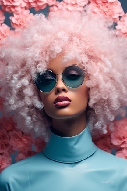 Stylish woman with pastel pink afro and reflective sunglasses against floral backdrop