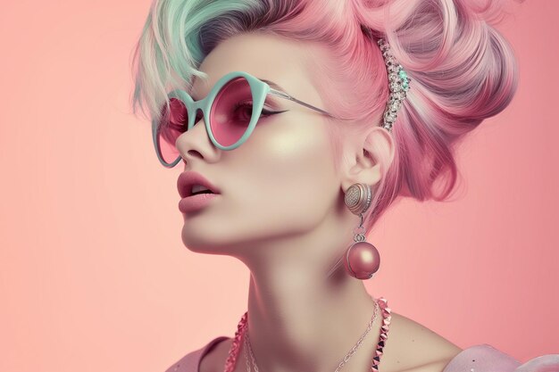 Stylish Woman with Pastel Pink Hair and Turquoise Sunglasses