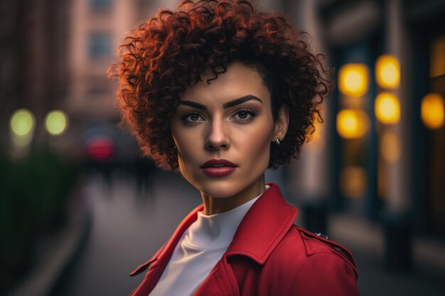 Stylish woman with short curly hair wearing a red blazer and high waisted jeans on a city street