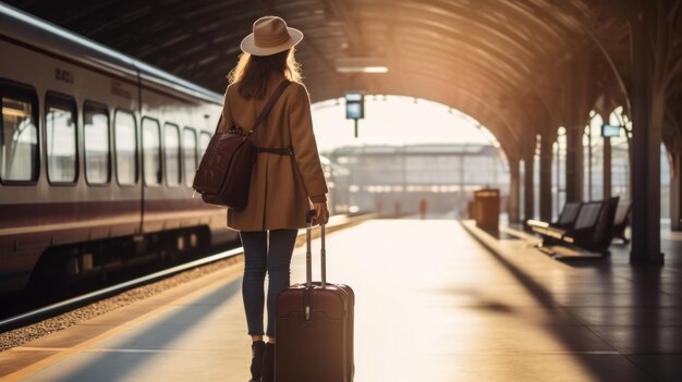 Стильная женщина с чемоданом на платформе вокзала Молодой путешественник отправляется в отпуск