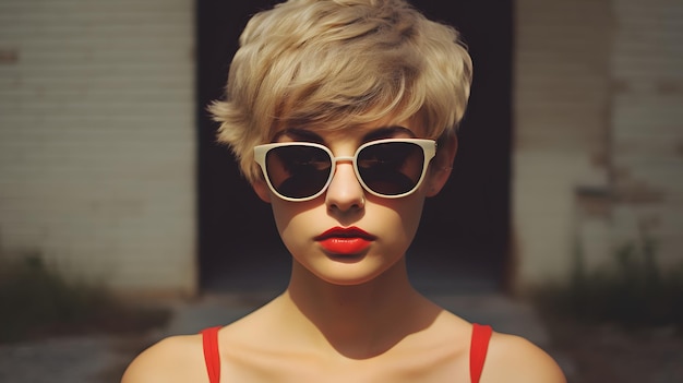 Photo a stylish woman with sunglasses and a vibrant red top