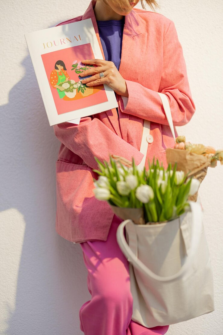Stylish woman with tote bag and flowers on background