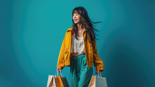 Stylish woman in a yellow coat walking and carrying shopping bags against a solid teal background