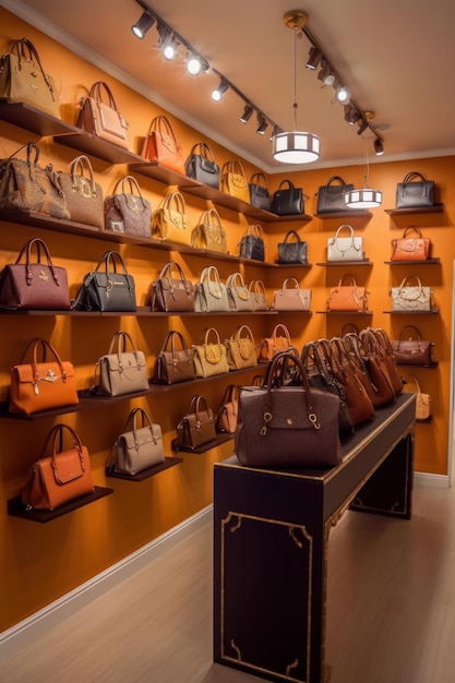 Stylish women's bag store with wooden tables