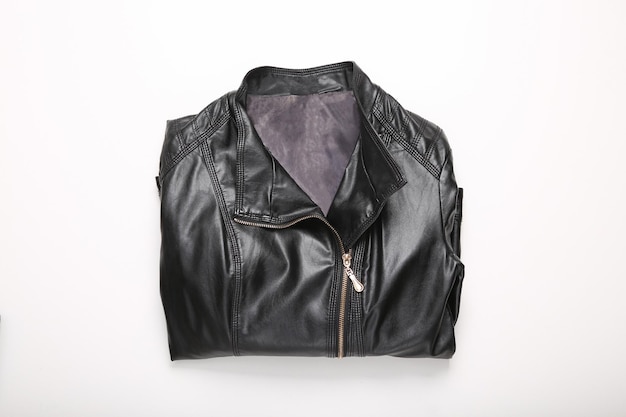 Stylish women's leather jacket on a white background