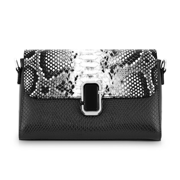 Stylish womens accessories Beautiful set of womens handbag on a white background Red black and white snake skin ladies bag