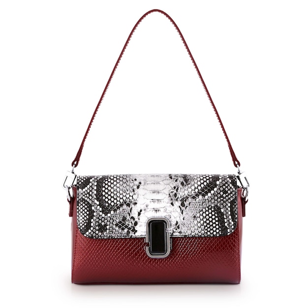 Stylish womens accessories Beautiful set of womens handbag on a white background Red black and white snake skin ladies bag