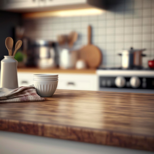 写真 ぼかしたキッチンの背景にスタイリッシュな木製のテーブルトップ – 製品ディスプレイに最適