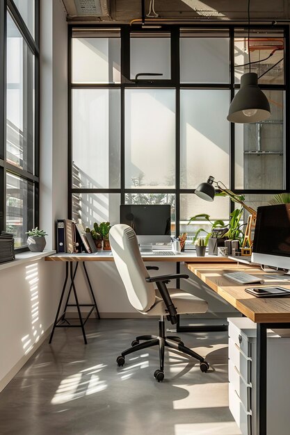 Stylish workplace interior with modern office chair