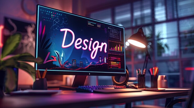 Photo a stylish workspace featuring a monitor displaying vibrant design graphics