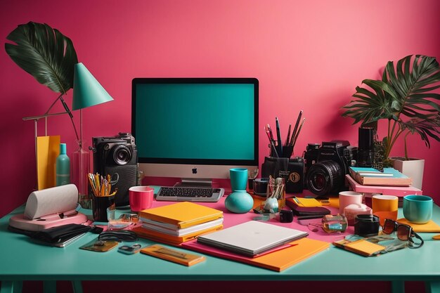 Photo stylish workspace office supplies and copy space