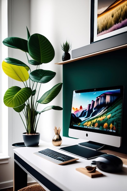 Stylish workspace with laptop computer and plant in home or studio