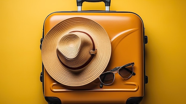 Stylish yellow suitcase with hat and sun glasses on yellow background beautiful yellow background close up composition of travel concept travel background luggage of one suitcase generative ai