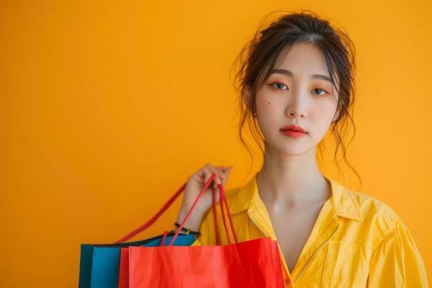 노란색 블로스를 입은 스타일리시한 젊은 아시아 여성이 오렌지색 배경에 다채로운 쇼핑 가방을 들고 있습니다.