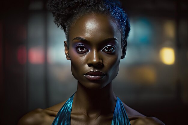 stylish young black woman with light on her face on dark background generative ai