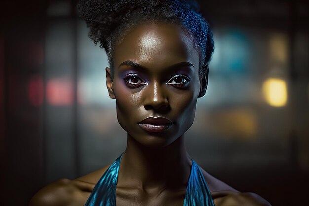 Stylish young black woman with light on her face on dark background Generative AI