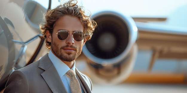 Стильный молодой бизнесмен выходит из частного самолета.