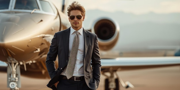 Stylish young businessman exiting a private jet