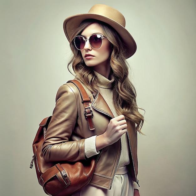 stylish young hipster woman with elegant hat and back bag