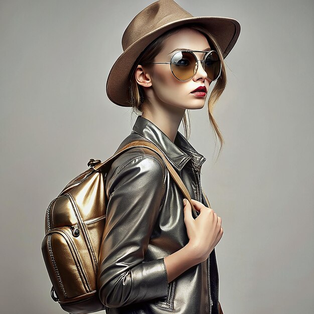 stylish young hipster woman with elegant hat and back bag