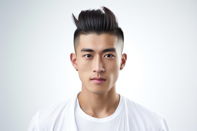 stylish young Japanese man with a undercut hairstyle on white background