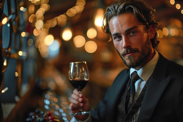 A stylish young male sommelier with a wine glass in a lavish wine cellar setting