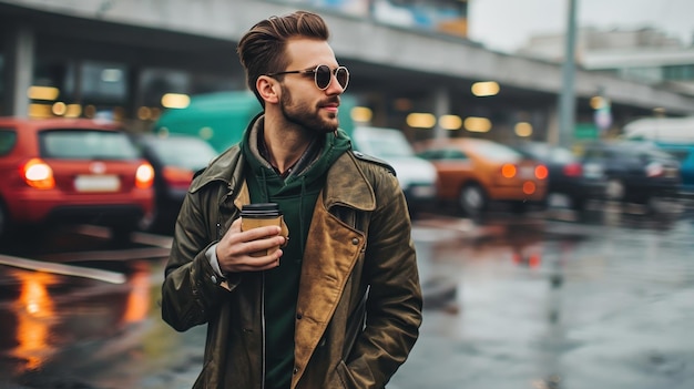 スタイリッシュな若い男がコーヒーカップを握り駐車場でリラックスするコピースペース