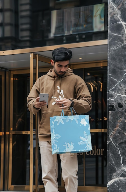 Фото Стильный молодой человек в бежевом пальто с сумками для покупок и смартфоном