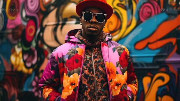 Stylish young man in vibrant streetwear posing before graffiti wall