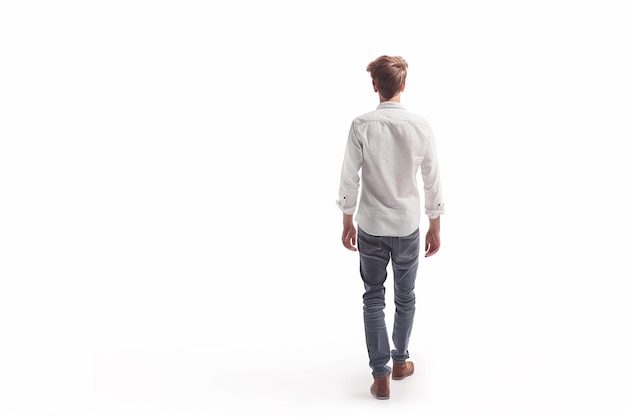 Stylish Young Man Walking in Isolated White Background