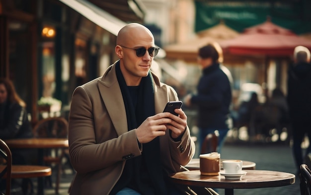 커피와 스마트폰 생성 AI를 갖춘 세련된 청년