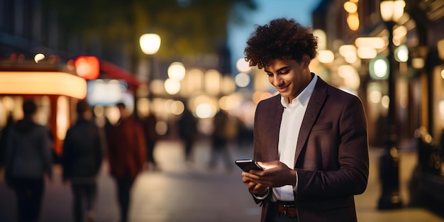 A stylish young man with a smartphone enjoying fast digital communication in a bustling city Concept City Life Fast Communication Stylish Fashion Smartphone Technology Urban Lifestyle